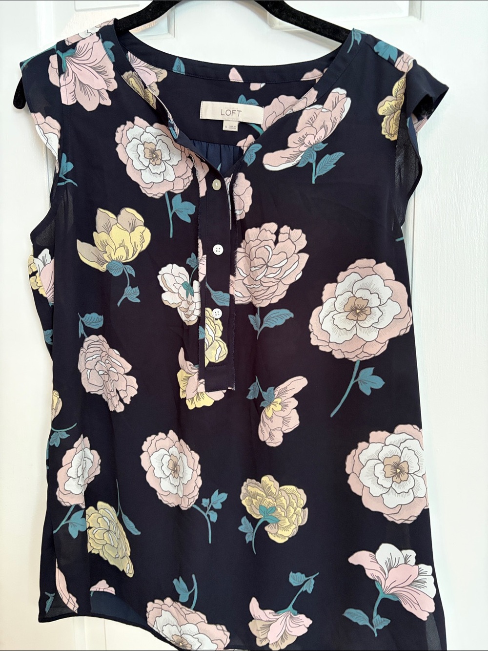 LOFT Navy Floral Cap-Sleeve Blouse - Pink, Yellow & Teal Flowers